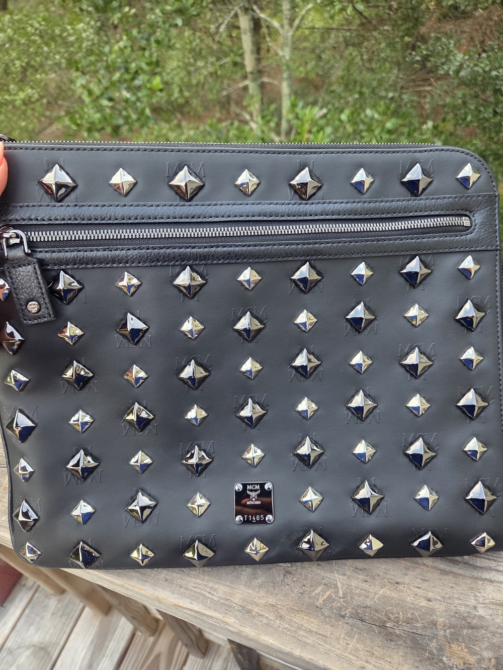 MCM Black Leather Studded Travel Pouch with Silver Hardware